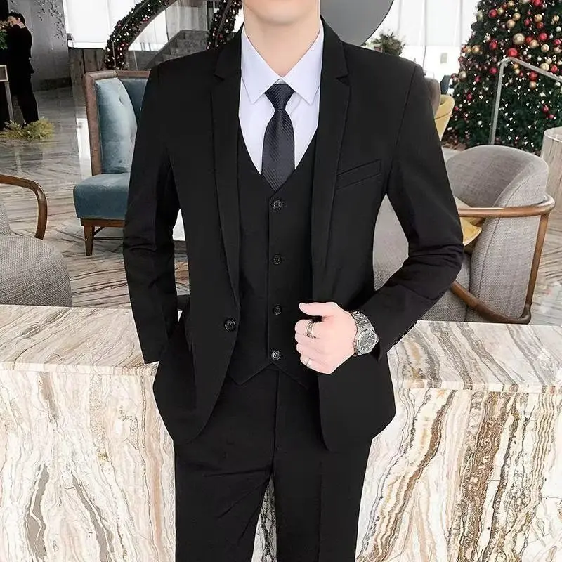 

Slim Fit Men's Autumn Winter Korean Style Two Button Pure Color Suit Four Piece Set Casual Elegant Fashion Youth Popular Poly...