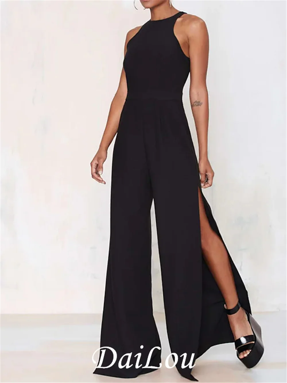 

Jumpsuits Evening Dresses Empire Dress Wedding Guest Floor Length Sleeveless Jewel Neck Stretch Chiffon with Slit