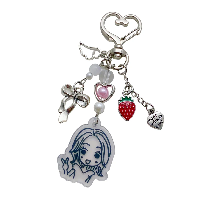Y2K Nana Hachi Schlüsselanhänger – Cartoon-Schlüsselanhänger mit Erdbeer-Bass-Perlen, Kamera-Charm und Taschenanhänger |   Geschenke für Mädchen