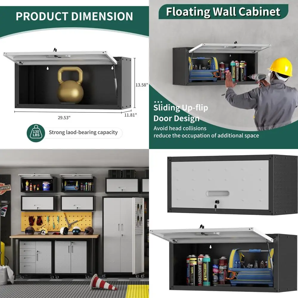 

Grey Wall-Mounted Lockable Metal Cabinet for Garage and Basement Storage with Up-lip Door and Tool Hanging