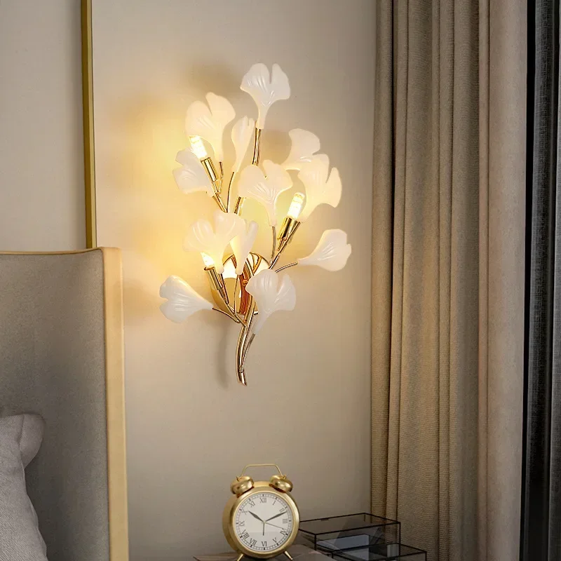 

Romantic Flowers Foyer LED Wall Lamp Ceramics Leaf Bedroom Hotel Sconces Art Decorate G9 Bulb Gold Metal Lighting Dropshipping