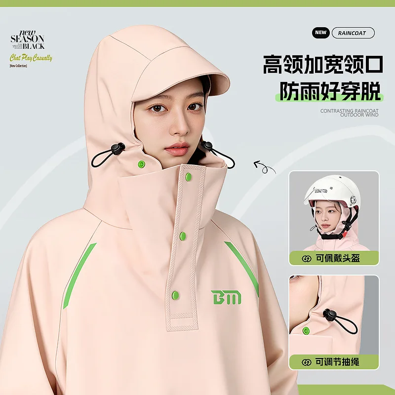 Unisex Long Sleeve Raincoat Full Body Waterproof Hooded Rain Cape Extended High Collar Windproof Rainwear for Motorcycle Riding