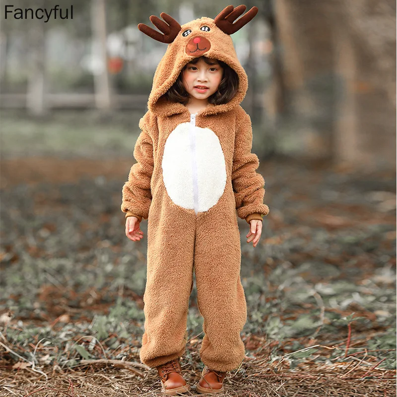 Halloween Christmas Cosplay Parent-child Animal Costume Christmas Reindeer Moose Play Coral Velvet Hooded Jumpsuit For Kids