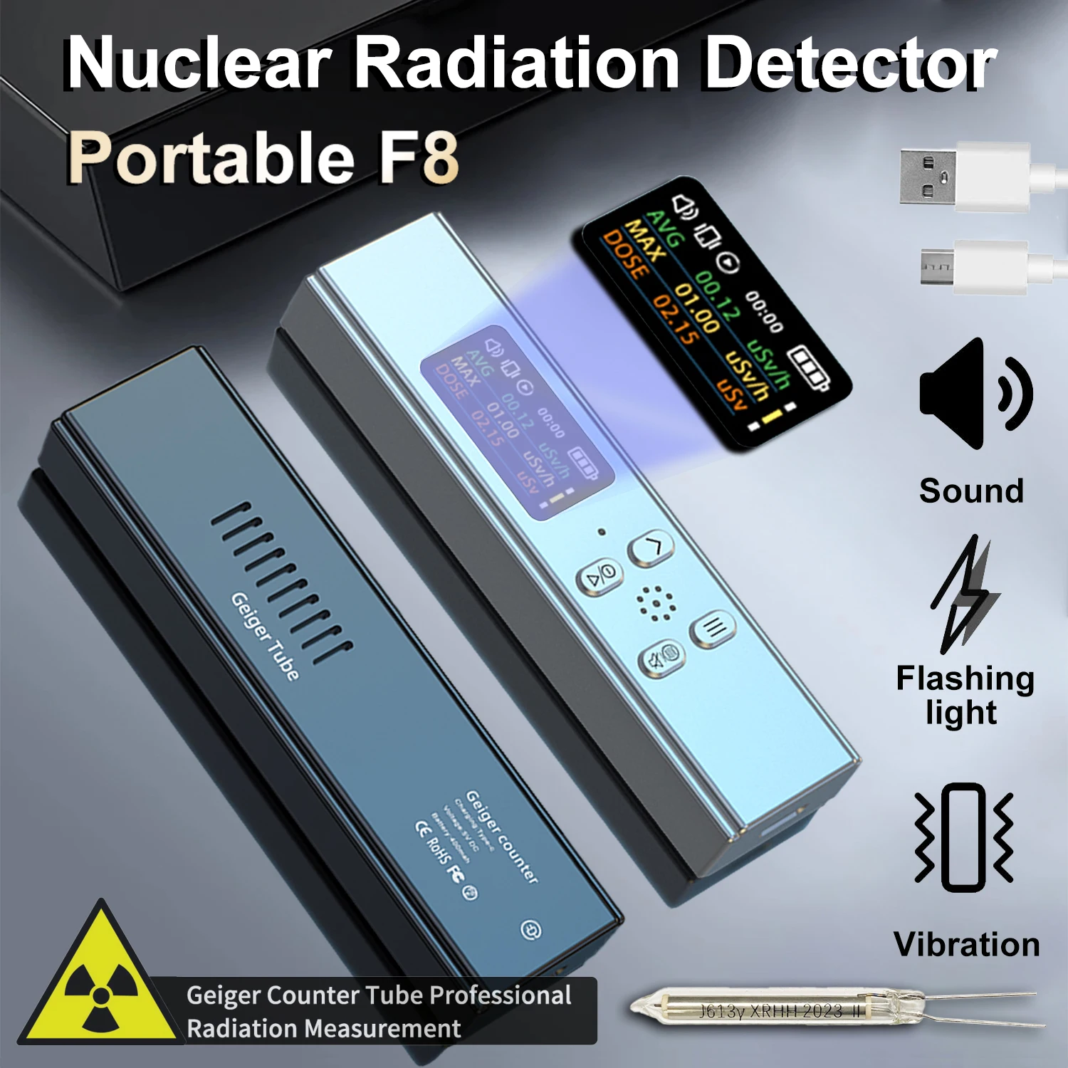 F8 Nuclear Radiation Detector Portable Geiger Counter Personal Radiation Dosimeter X γ β-ray Rechargeable Radiation Detector