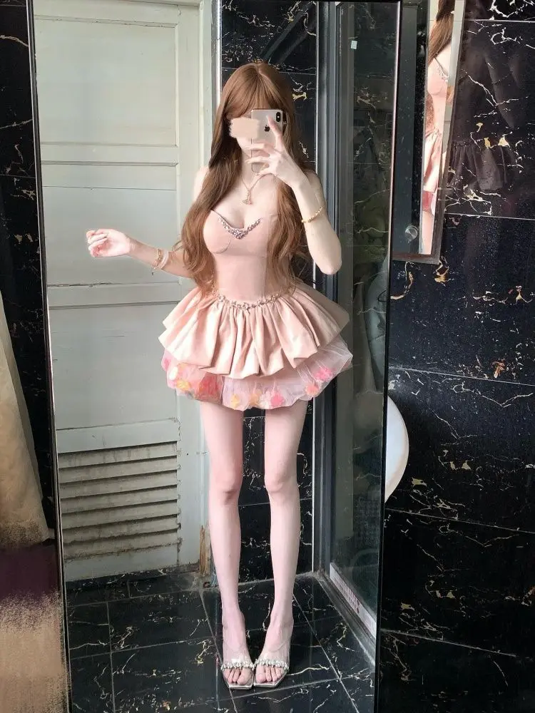 Princess Sweet Slim Waist Heavy Industry Suspender Dress Summer Sweet Spicy Girl Low-cut Mesh Flower Bud Dress Y2k Mini Dress
