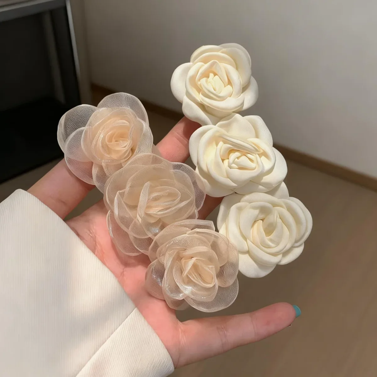 2Pcs White Rose Flower Hair Clips for Women, Elegant Organza Satin Hair Barrettes, Bridal Hair Accessories for Wedding, Party & view 2