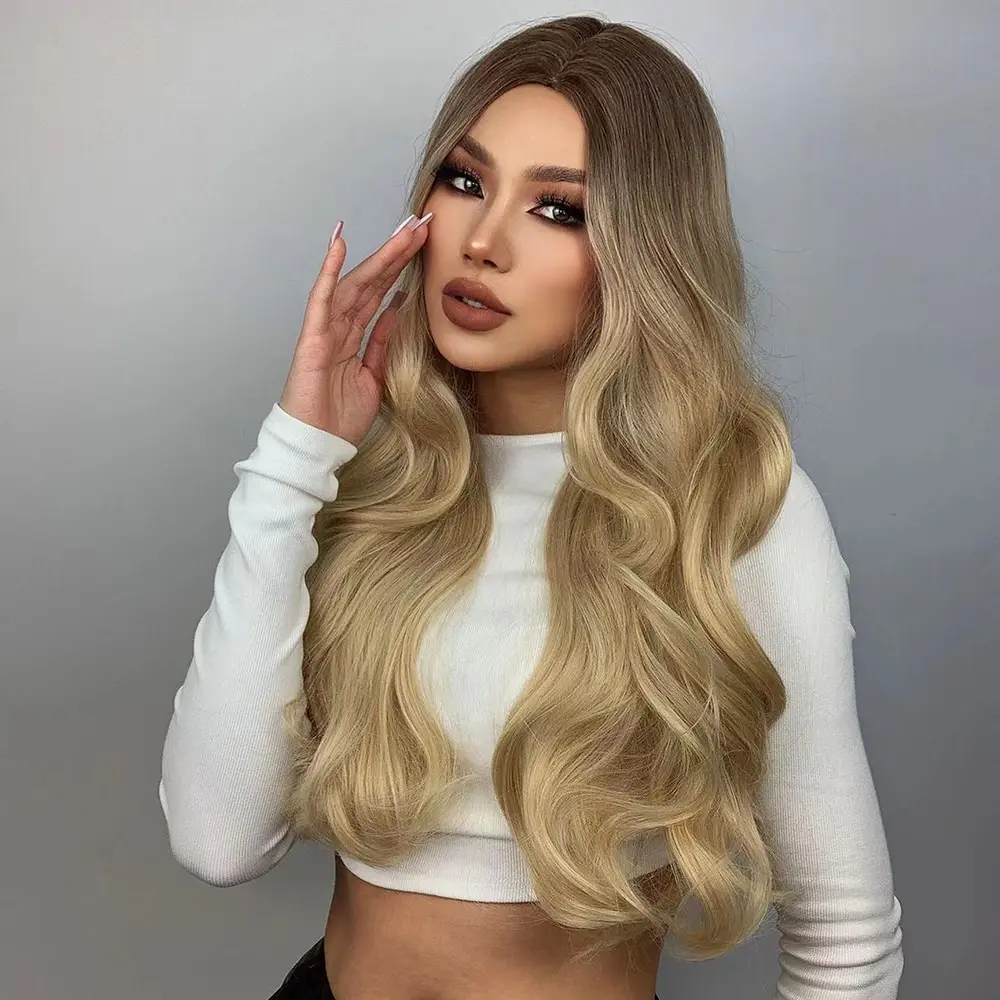 Long Wavy Golden Blonde Ombre Synthetic Wigs for Women Middle Part Wigs Heat Resistant Wig Daily Cosplay Natural Hair