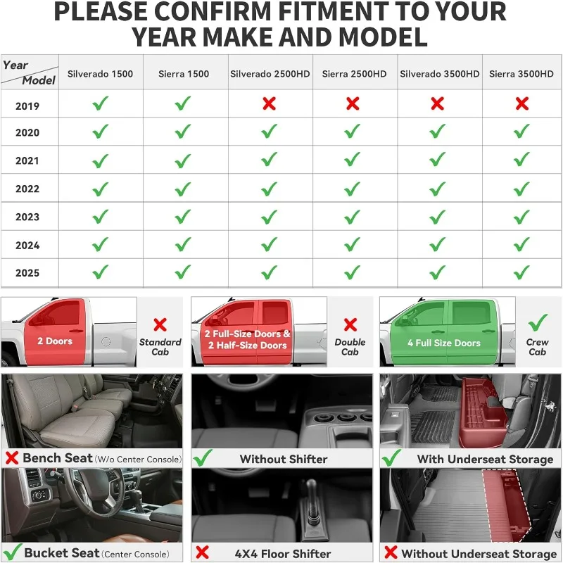سجادات أرضية متوافقة مع 2019-2025 شيفروليه سيلفرادو 1500/جي إم سي سييرا 1500 & 2020-2025 تشيفي سيلفرادو/جي إم سييرا 2500HD