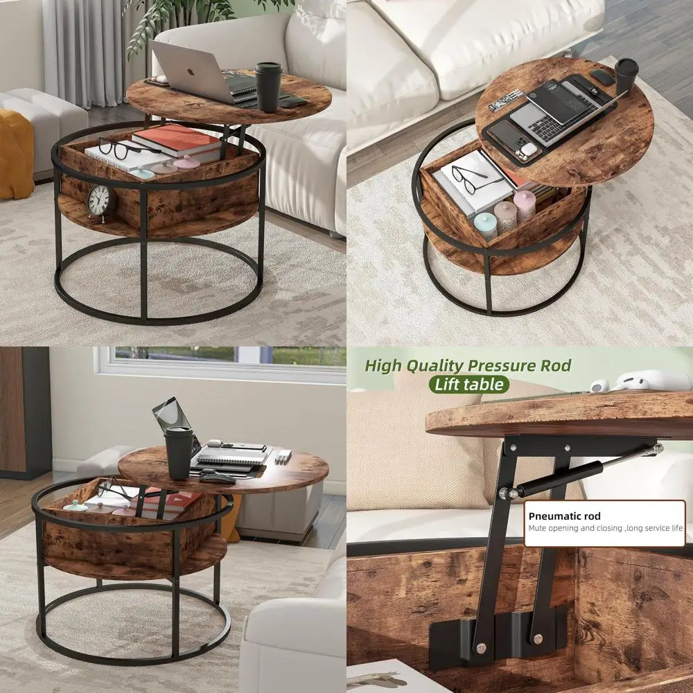 

Elegant Round Lift-Top Coffee Table for Living Room, Stylish Black Storage Coffee Table with Hidden Compartment, Rustic Wood Far