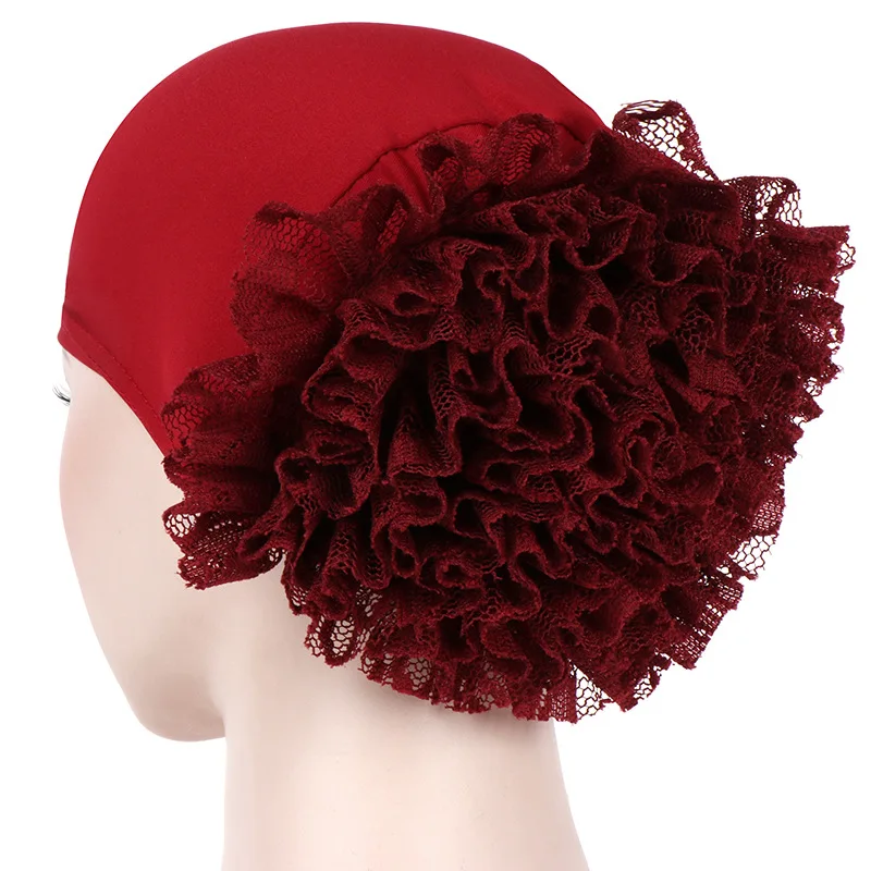 

Southeast Asia New Solid Color Big Flowers Milk Silk Small Hat Muslim Lace Pan Flower Hat Beanie