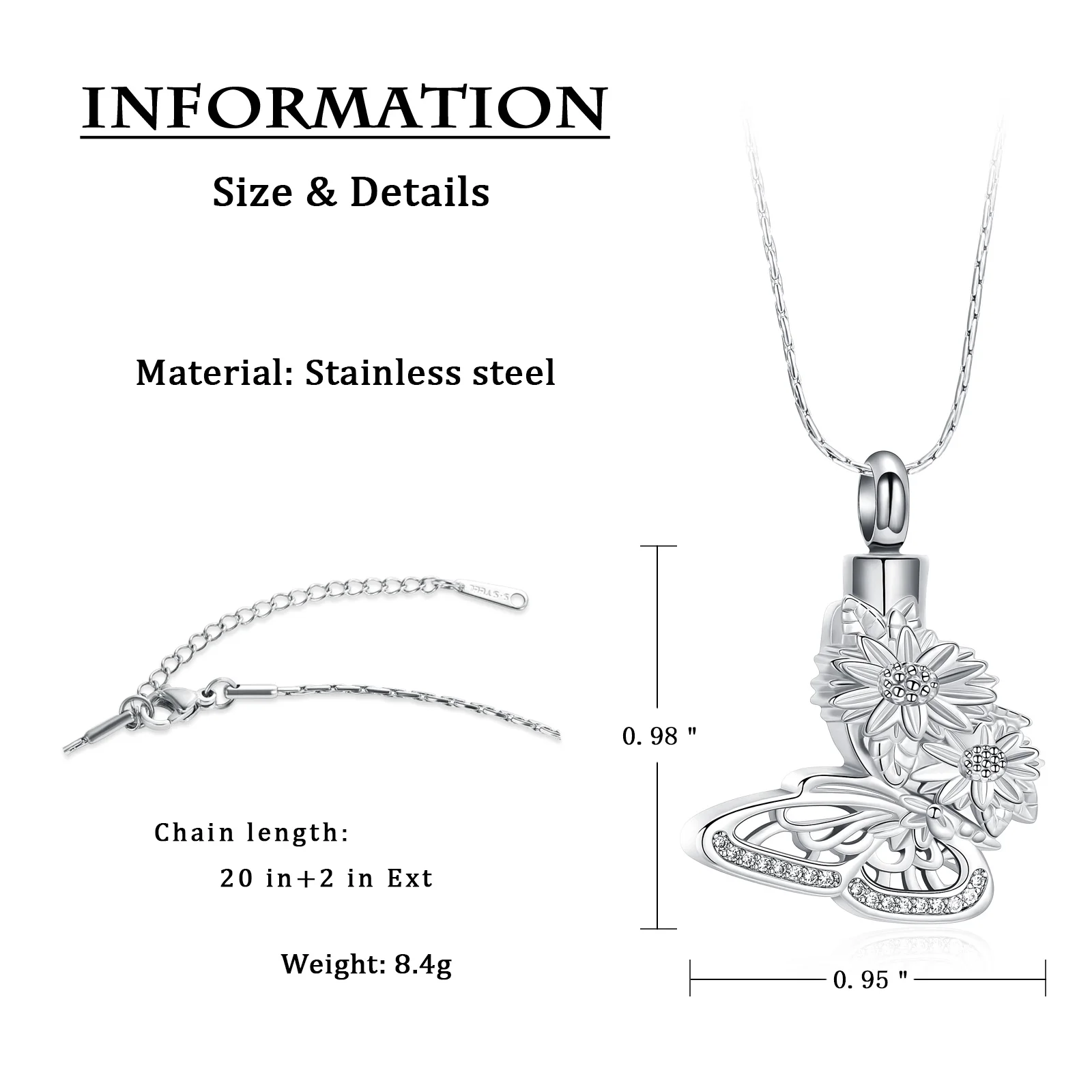 Sunflower Butterfly Urn Necklace for Ashes Stainless Steel Cremation Jewelry Keepsake Pendant Loved Ones Memorial Gift for Women