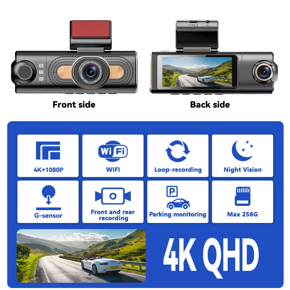 Wholesale  Dash Cam 4k QHD Car Black Box Recorder Super Wide Angle Front and Rear Recording Car DVR 24H Parking Monitor Dash Cam
