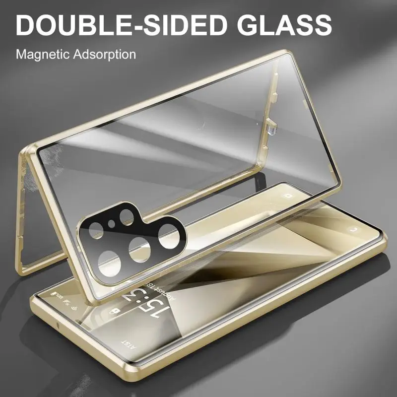 360° Metal Double Sided Glass Snap Lock Phone Case For Samsung Galaxy S24 S23 S22 S21 Ultra Plus S23 FE Lens Protection Cover