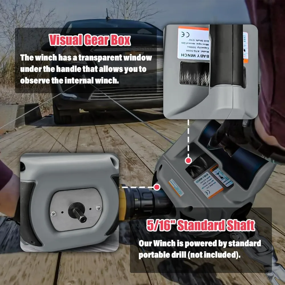 Abu-abu Baru, Winch Bor Portabel Kapasitas Tarik 1000 LB dengan Tali Kawat Baja Paduan 40 Kaki, Winch Tangan untuk Menyeret, Diskon Besar