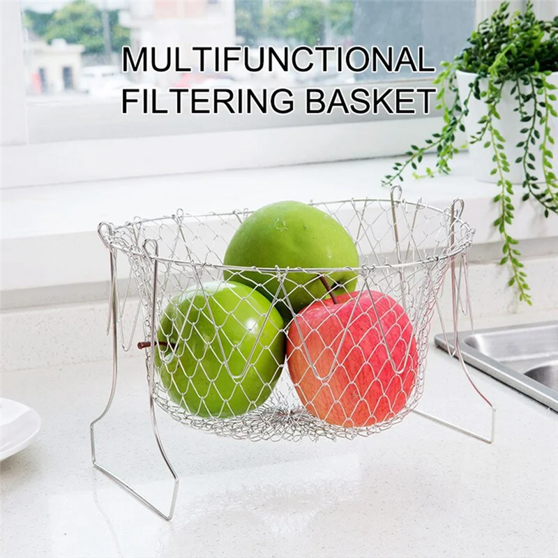 ABRU-Folding Frying Basket Household Oil Drain Basket Kitchen Gadgets Vegetable Washing Frying Basket Filter