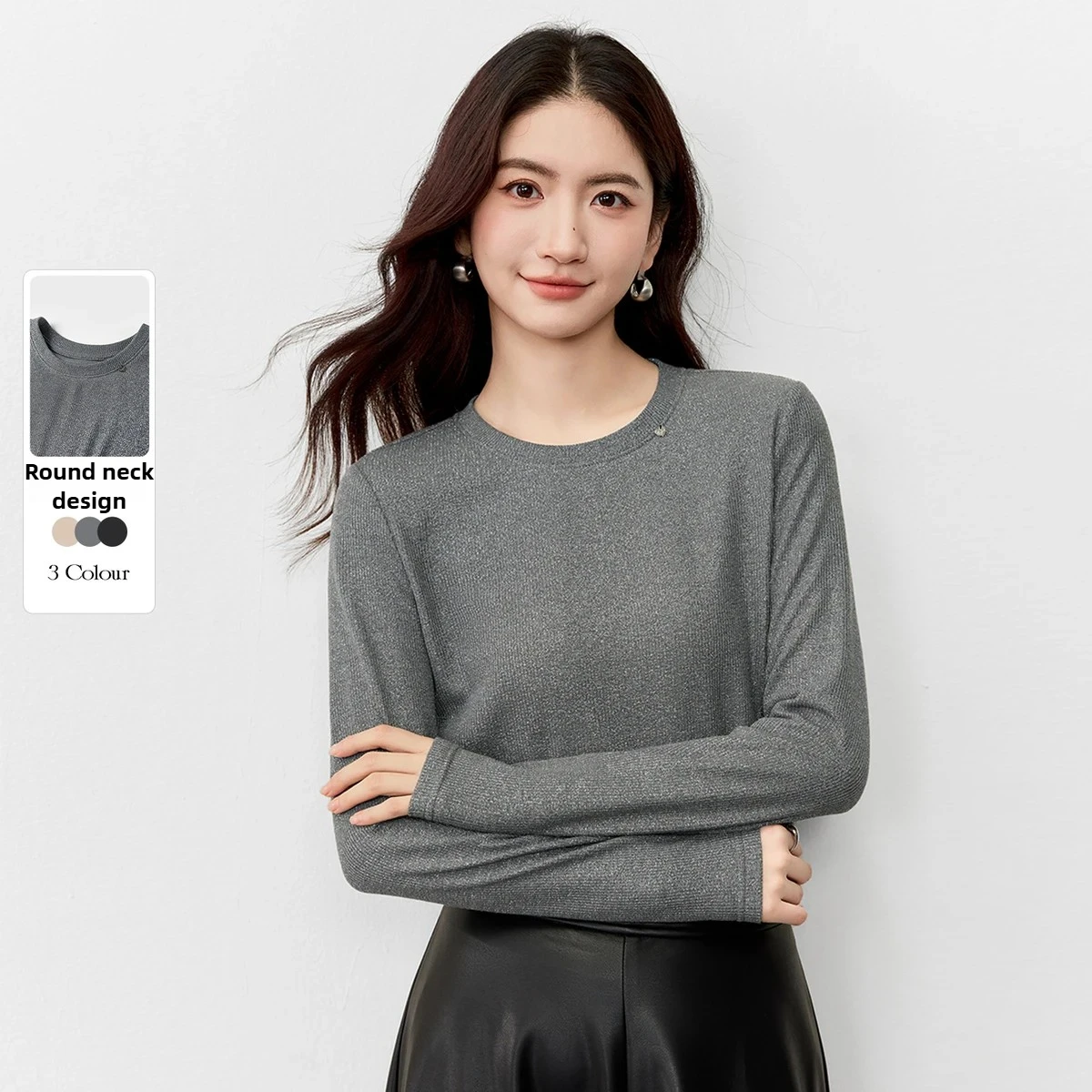 SENTUBILA المرأة لامع شين متماسكة تي شيرت 2025 الخريف الجولة الرقبة سليم تيشيرت ضيق بأكمام طويلة تخفيف بسيط الأعلى 153TN2710