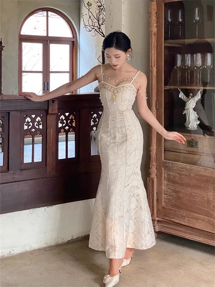 AIGYPTOS Summer Maxi Wedding Dress Women Vintage Baroque Style Elegant Slim Party Evening Full Dress FishTail Bodycon Dress