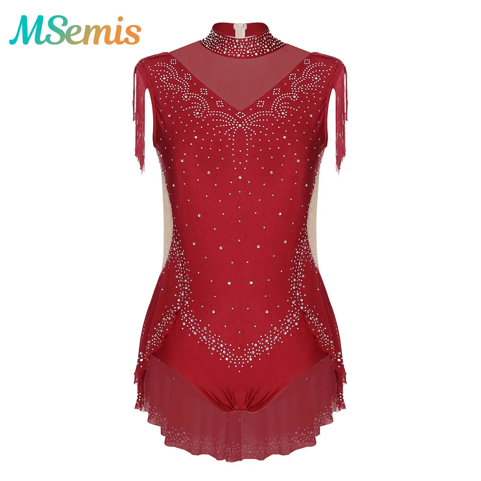 

Kids Girls Gymnastics Artistic Figure Skating Ballet Jersey Dance Leotard Costume Sheer Mesh Shiny Rhinestones Bodysuit Jumpsuit