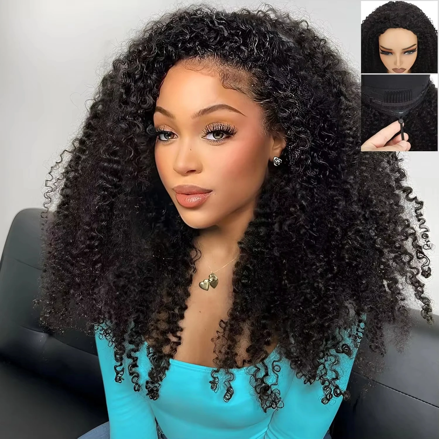 210 Density Kinky Curly 3 IN 1 Half Wigs Human Hair With Drawstring 30 32 Inch Deep Wave Hair Half Wig Deep Wave Ready to Wear Half Wigs Full Machine Wig