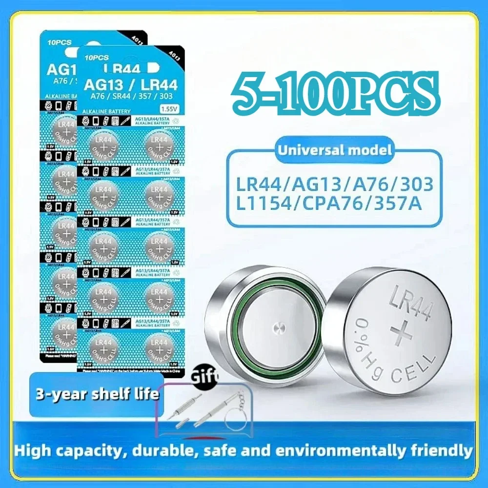 2-100PCS AG13 LR44 A76 357A Button Cell Coin Alkaline Battery 1.55V SR44SW L1154 SP76 pila 357 303 for Watches Toys No Mercury