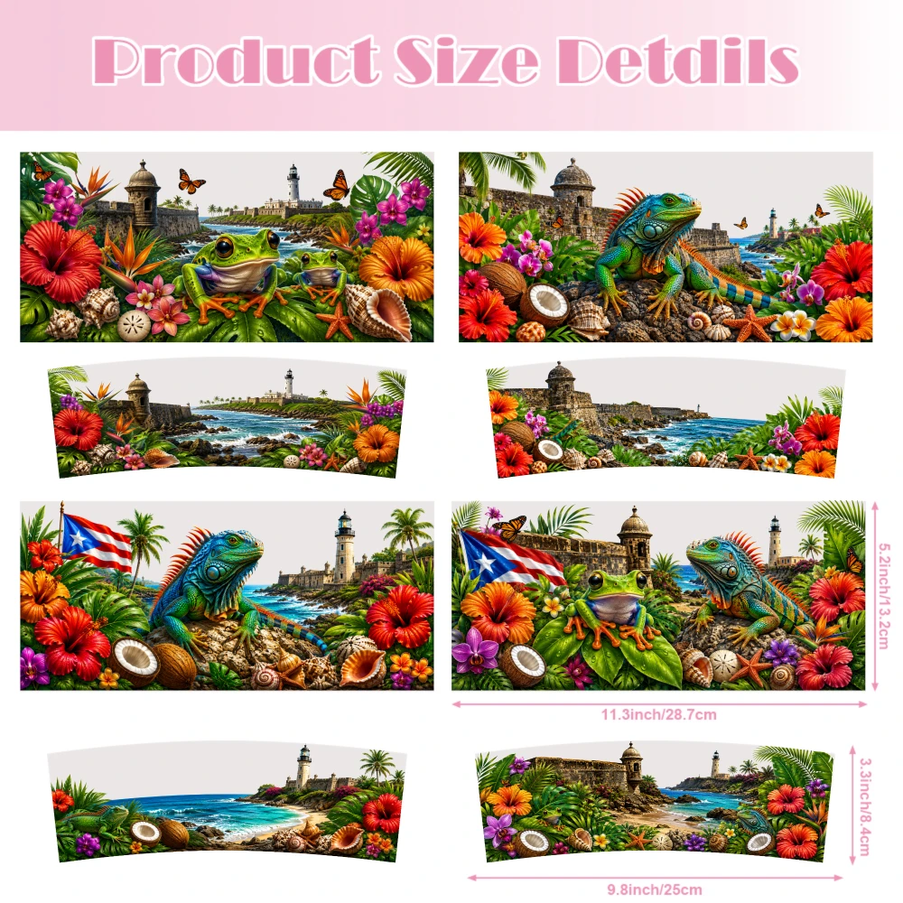 4 Sheets Tropical Landscape Iguana Flag Flowers Coconut Palm Tree Lighthouse Ocean Butterflies Seashells UV DTF Stickers for