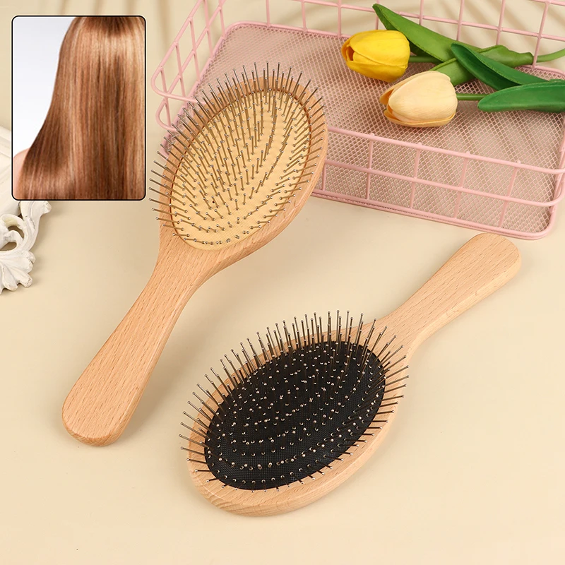 1pc Bamboo Hair Brush Steel Needle Hair Scalp Massage Comb Anti-Static Natural Paddle Airbag Cushion Handle Brushes