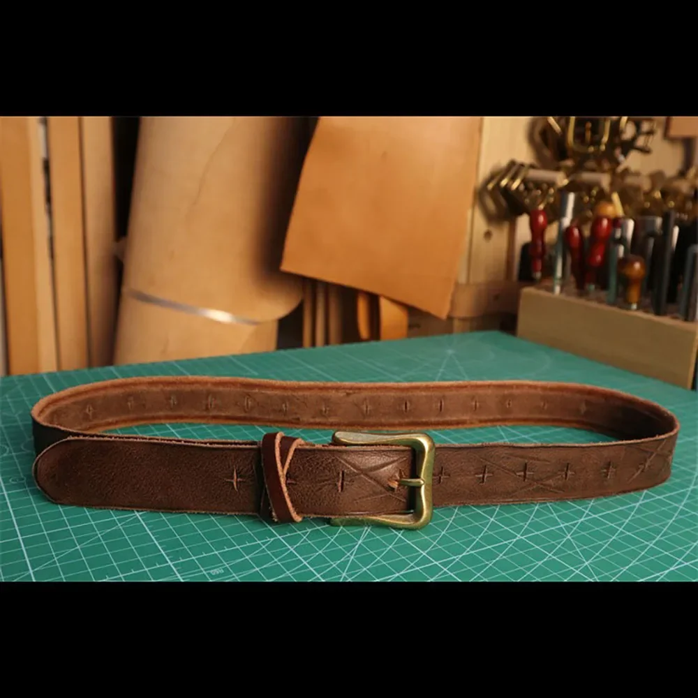 حزام جلد طبيعي مصنوع يدويًا بعرض 3 سم من جلد البقر مع إبزيم نحاسي بحافة متعثرة للرجال والنساء #2