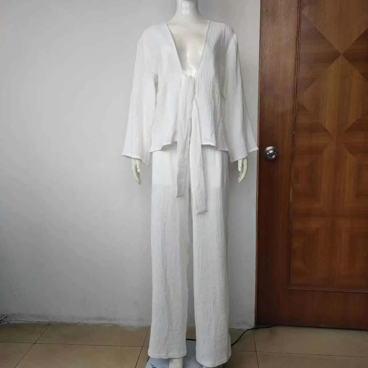 Top de cardigã feminino com renda e calças de pernas largas de cintura alta, conjuntos elegantes de calças, roupas de primavera, novas, 2 peças