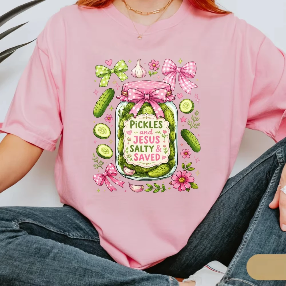Coquette Bow Pickles And Jesus Floral Graphic T Shirt Women Cute Gingham Ribbon Jar Print Tee Cotton Christian Girly Faith Tops