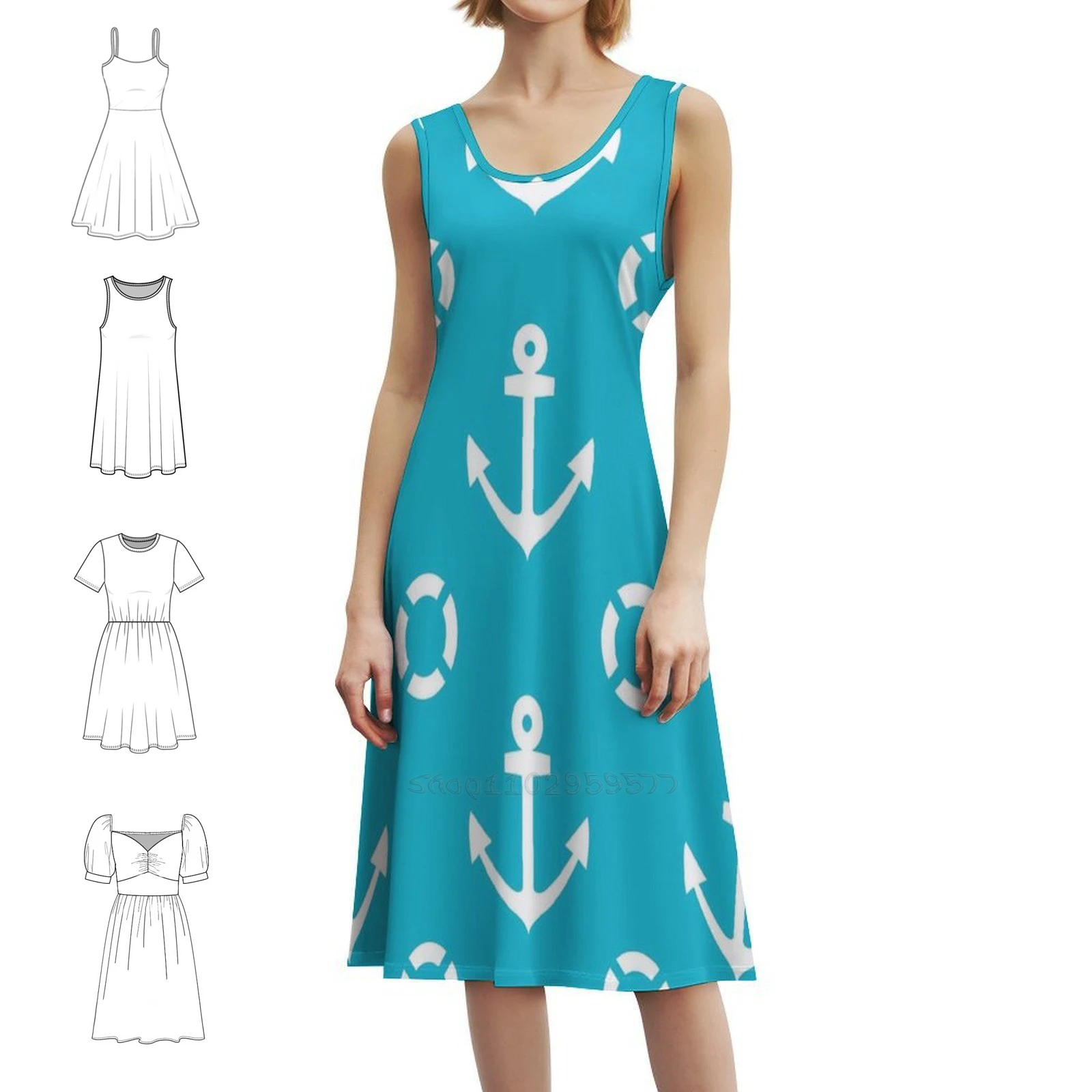 المراسي Aweigh البوهيمي فستان بلا أكمام متعدد طباعة شاطئ عطلة فستان الحفلات البحرية مرساة قارب البحر المحيط المياه طوف الإناث #1