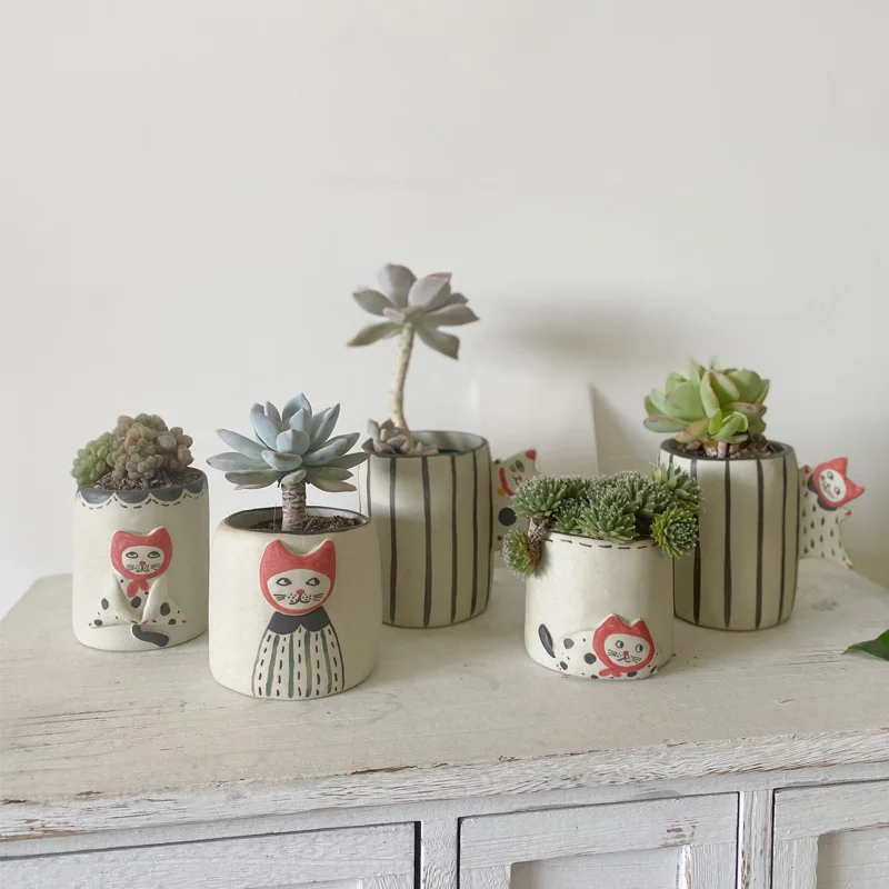 

Nordic ins ceramic handmade cat succulent flower pot polka dot breathable Japanese cute fun cactus potted balcony decoration