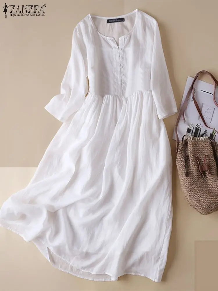 ZANZEA Summer A-line Half Sleeve Shirt Dress Women White Beach Dress Solid Casual Loose Pocket Sundress Holiday Baggy Long Robe