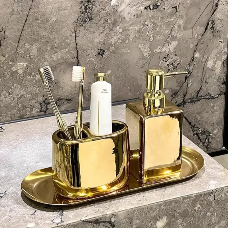

Gold-Plated Ceramic Lotion Bottle Toothbrush Holder Tray Set Bathroom Accessories Hotel Shampoo Dispenser Bottles Soap Dispenser