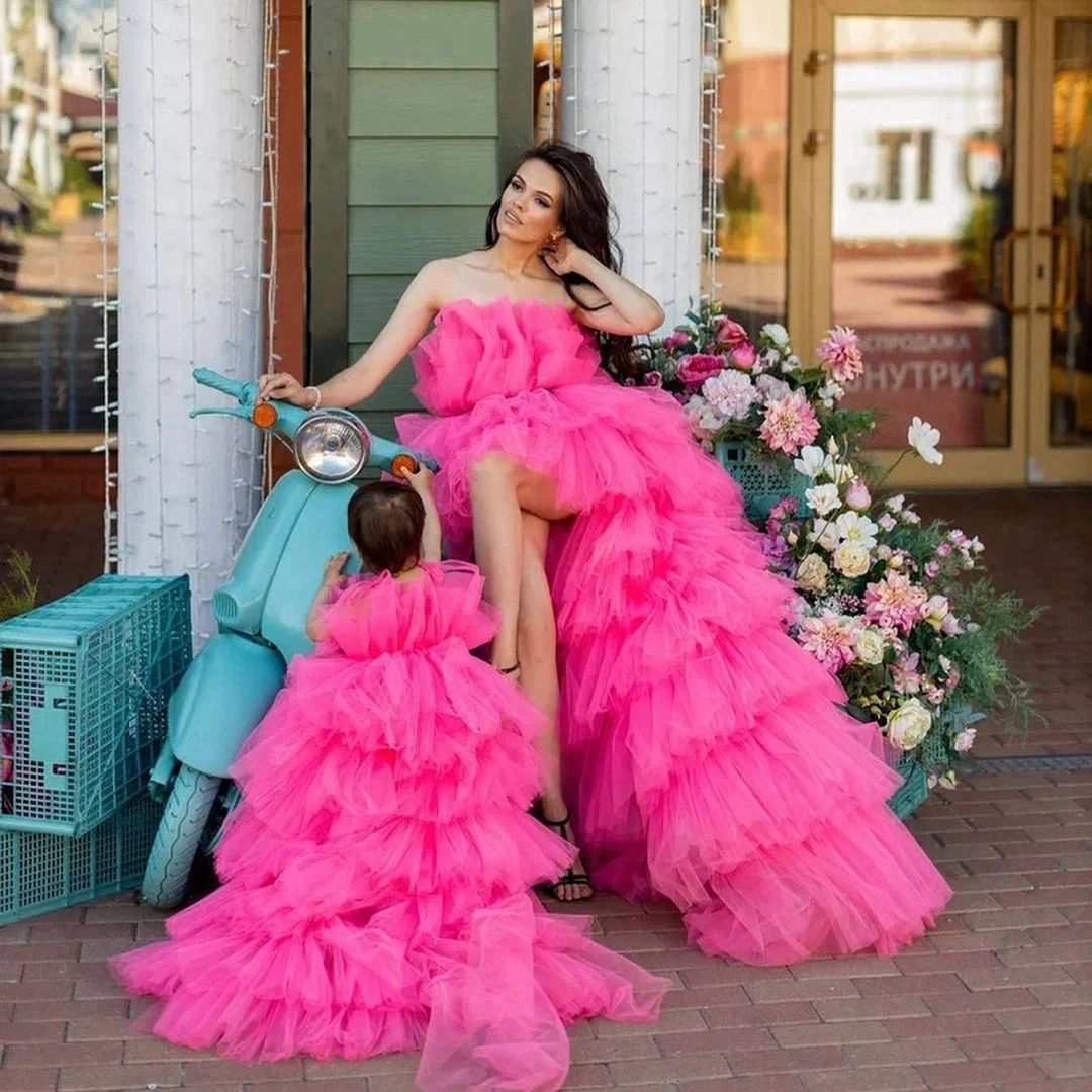 

Fashion Hot Pink Tulle Mom And Kids Prom Dresses High Low Puffy Tiered Ruffles Mesh Monther And Daughter Brithday Party Gowns