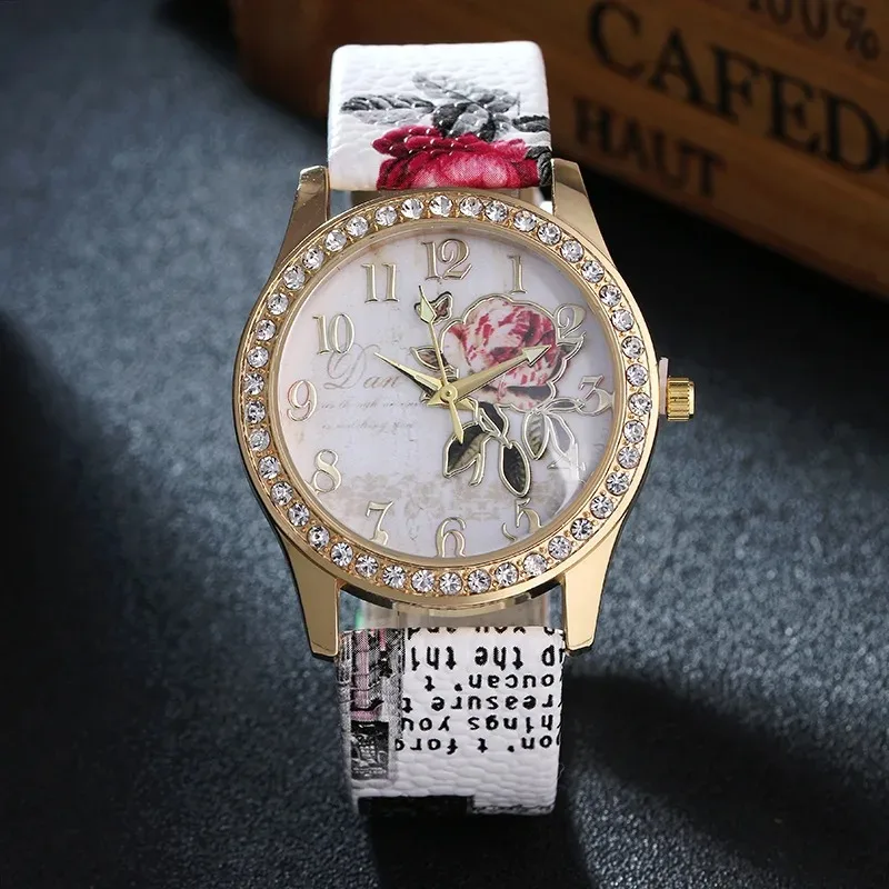 Relojes de moda para mujer, reloj con estampado de flores para mujer, reloj de pulsera de cuero de cuarzo informal de lujo, relojes de vestir para mujer, reloj