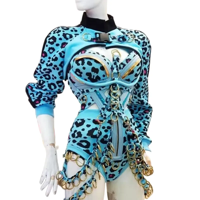 Bar Nightclub Singer Concert Drag Queen Costume Blue Leopard Metal Buckle body Women Dance Team Performance Stage Wear