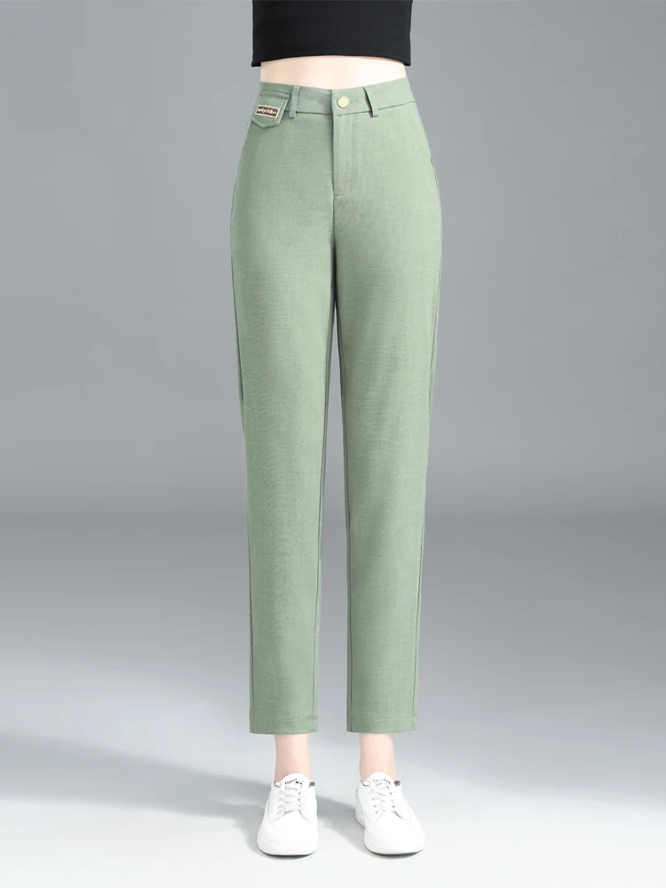 

Женские летние брюки-капри с высокой талией, прямые, из тонкого ледяного шелка, повседневные, облегающие, из полиэстера