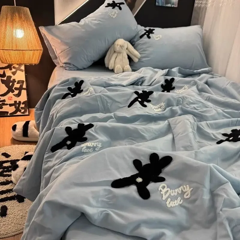 Korean Style Summer Quilt Embroidered Blue Lazy and Cute Rabbit Soybean Summer Cool Quilts Set of Four Washable Embroidered