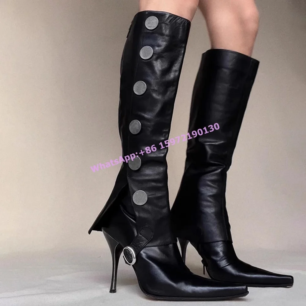 

Black Coin Belt Boots Two Way Wear Side Zipper Pointy Toe Thin Heels Leather Knee High Boots Women's Retro Runway Knight Shoes