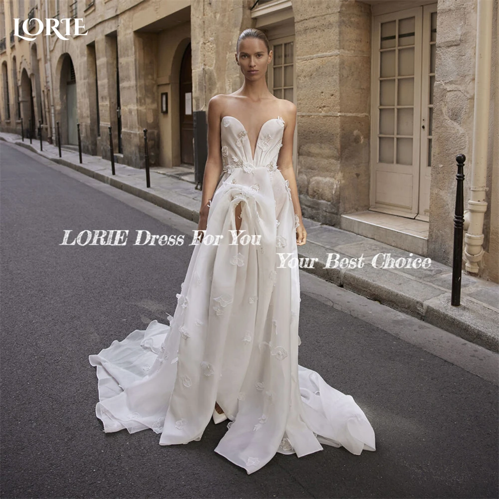 LORIE Bohemia Lace Wedding Dresses 3D Flowers A-Line Deep V-Neck Pleated Side Slit Bridal Gowns Backless Princess Bride Dress