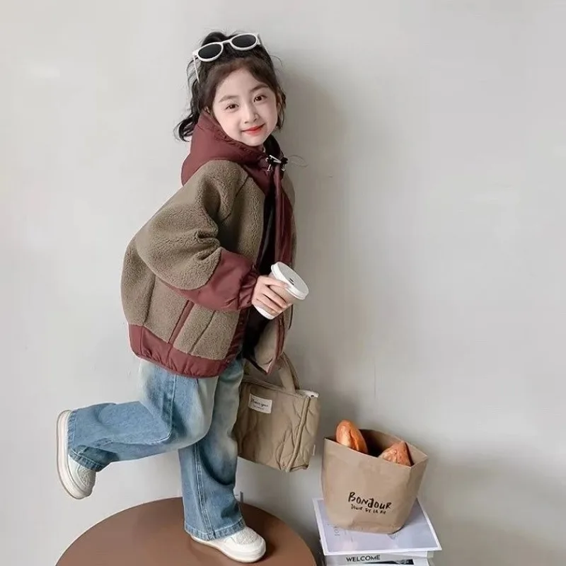 

2025 New Girls' Autumn Winter Stylish Hooded Coat with Lamb Wool Warm and Soft Children's Winter Jacket for Kids