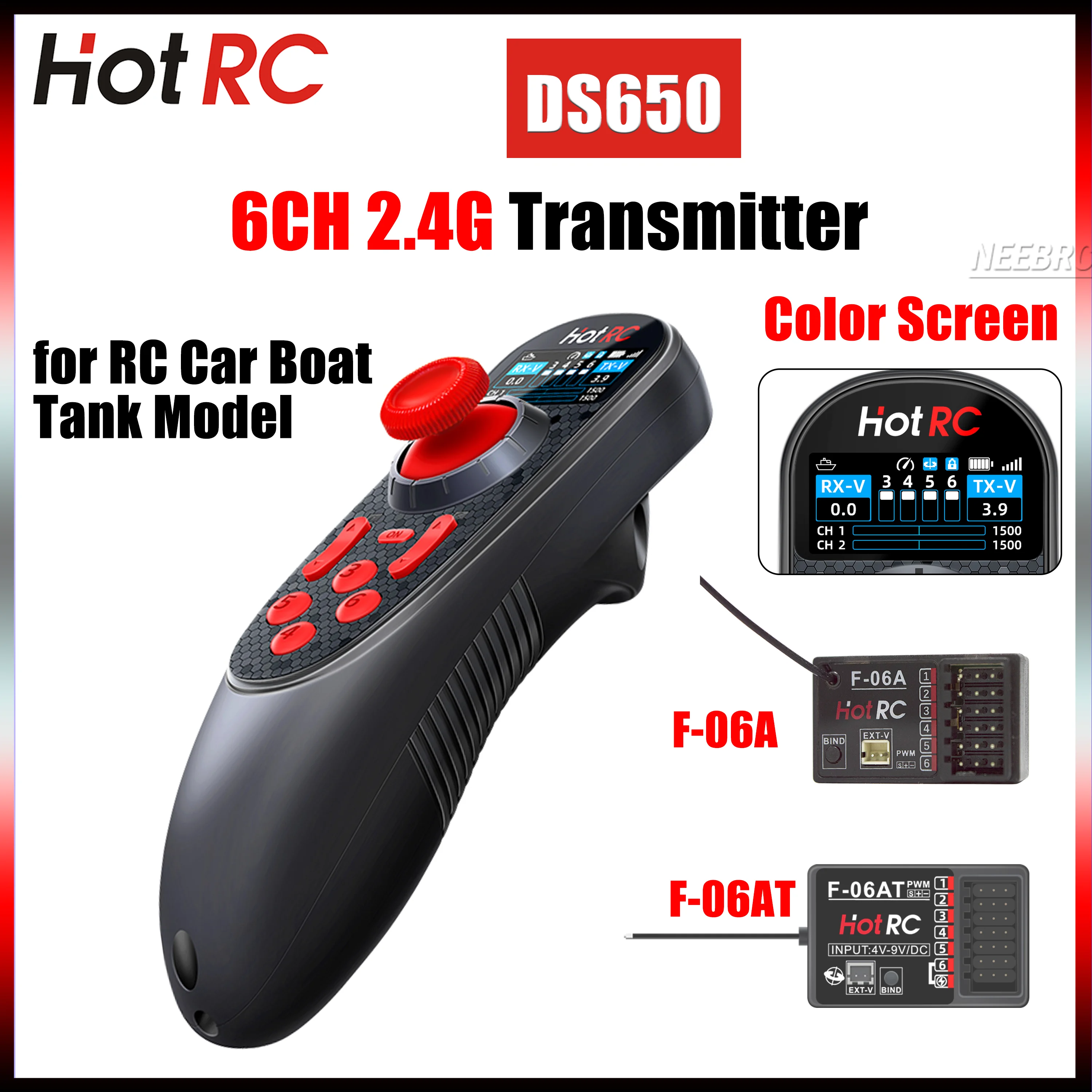 

HOTRC 6CH 2,4G DS650 передатчик с цветным экраном, пульт дистанционного управления, радиосистема с гироскопическим приемником F-06A/F-06AT для радиоуправляемой автомобильной лодки