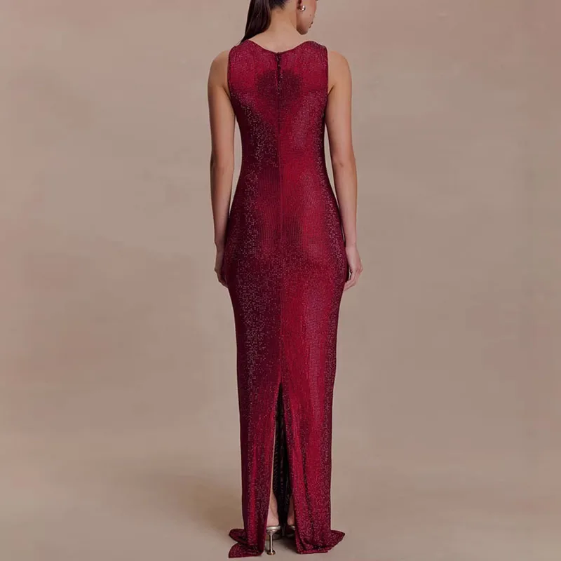 Batas para mujer, vestido de fiesta Sexy con lentejuelas brillantes, nuevo vestido largo elegante con cuello redondo y abertura hueca, vestido Maxi bohemio sin mangas para primavera y verano