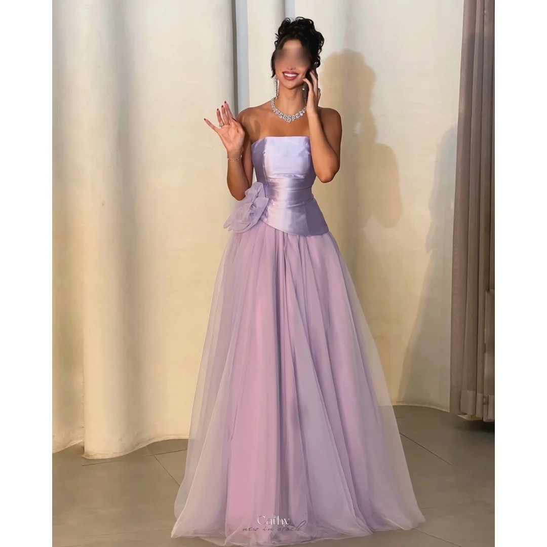 

Cathy Customized Lavender Satin Strapless Prom Dress Bowknot Tulle Evening Dresses A-line Floor-Length vestidos de noiva 2026