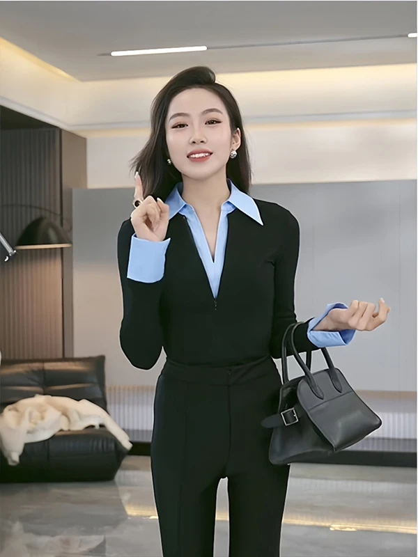 تي شيرت نسائي كوري جديد بتصميم قطعتين وهميتين، قميص داخلي نحيف للربيع والخريف بتصميم مدمج وأكمام طويلة