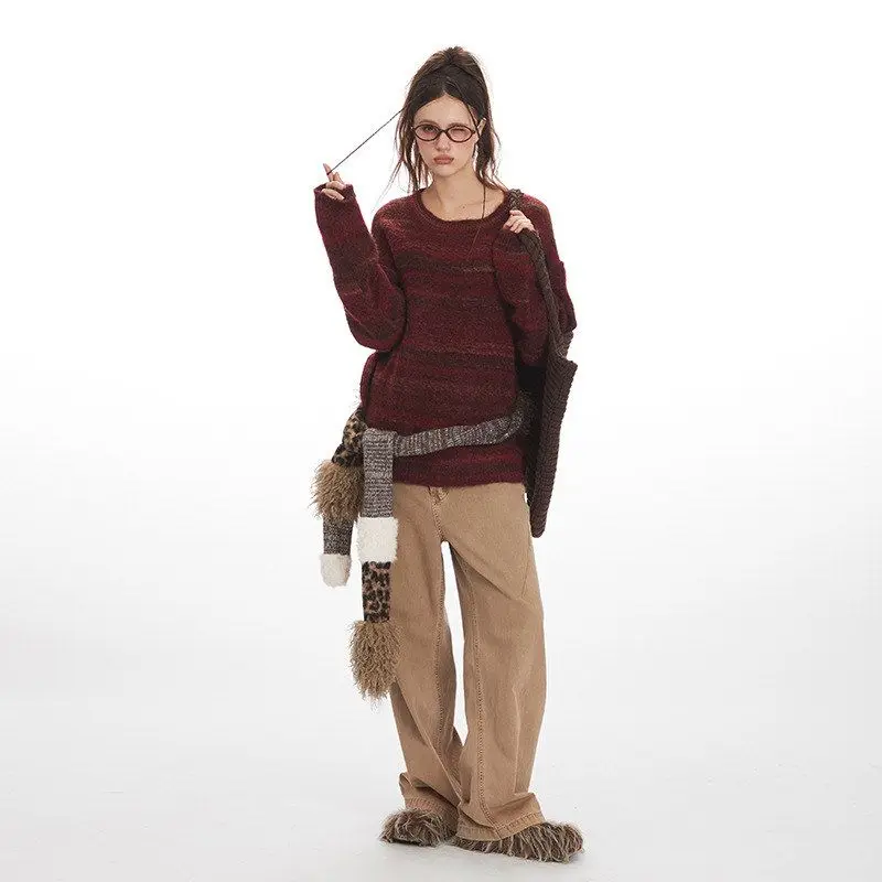 HeyHenry レディース オーバーサイズ ラウンドネック ニットウェア Vネック セーター カジュアル ストライプ アウター 快適 ルーズフィット カップル向け