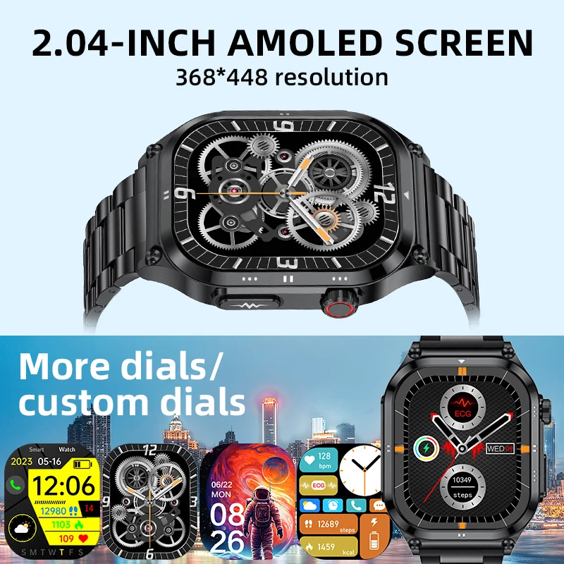 LIGE Smart Watch Men 2.04‘’ AMOLED Screen Bluetooth Call Custom Watch Dial Heart Rate Sleep Monitor Body Temperature Smaerwatch
