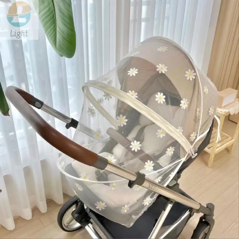 Baby Stroller Mosquito Net Full Cover Daisy Embroidery Gauze Sunshade Breathable