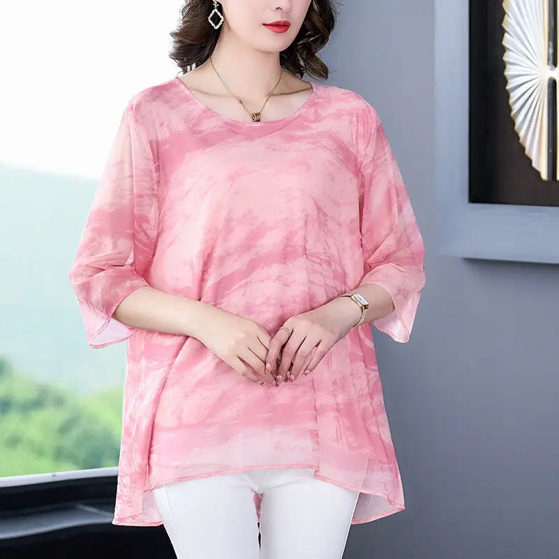 Commute Fashion Gauze Spliced T-shirt Women\'s Clothing Korean Loose Printed Casual Half Sleeve Summer Round Neck Midi Pullovers