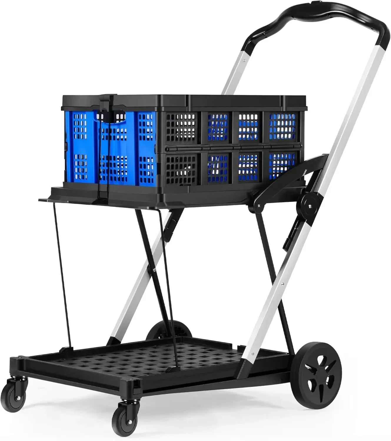 Folding Shopping Cart, Collapsible Shopping Cart with Wheels, Adjustable Foldable Portable Trolley, Grocery Shopping Cart with R